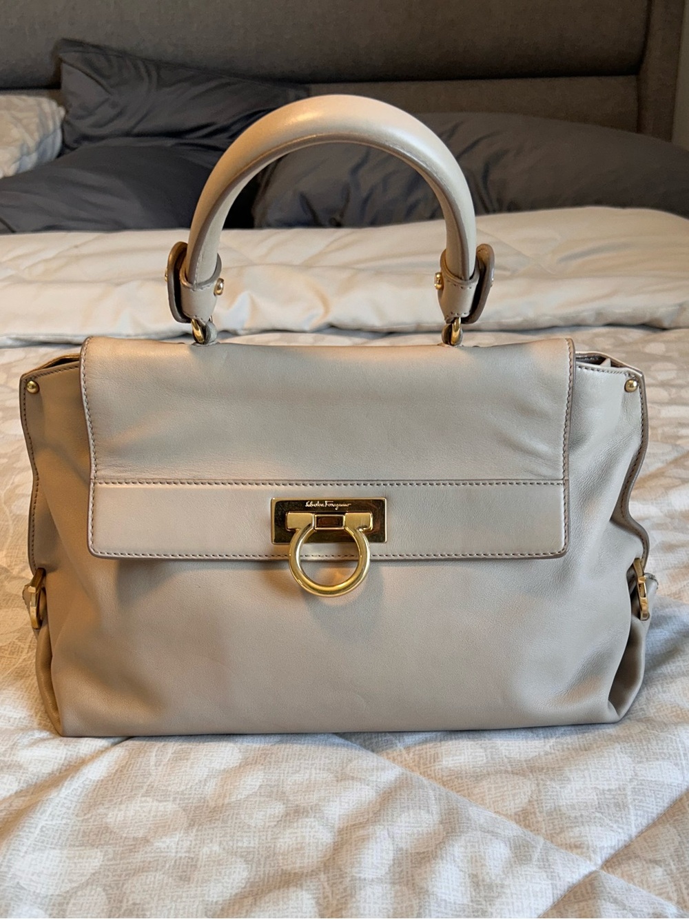 Authentic Salvatore Ferragamo Beige Leather Top-Handle Bag with Gold Hardware